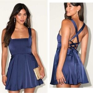 Lulus Admirably Chic Lace-Up Mini Dress Blue Satin Pockets Size Small Wedding